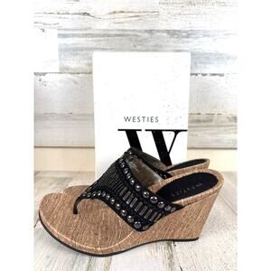 Westies Womens 10 Black Gemstone Wedge Sandals Slip On Casual NWT
